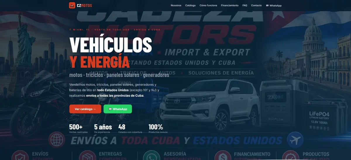 CZ Motos — sitio web de importadora de motos Miami-Cuba, desarrollado por Lucas Scolari desarrollador web freelance Argentina