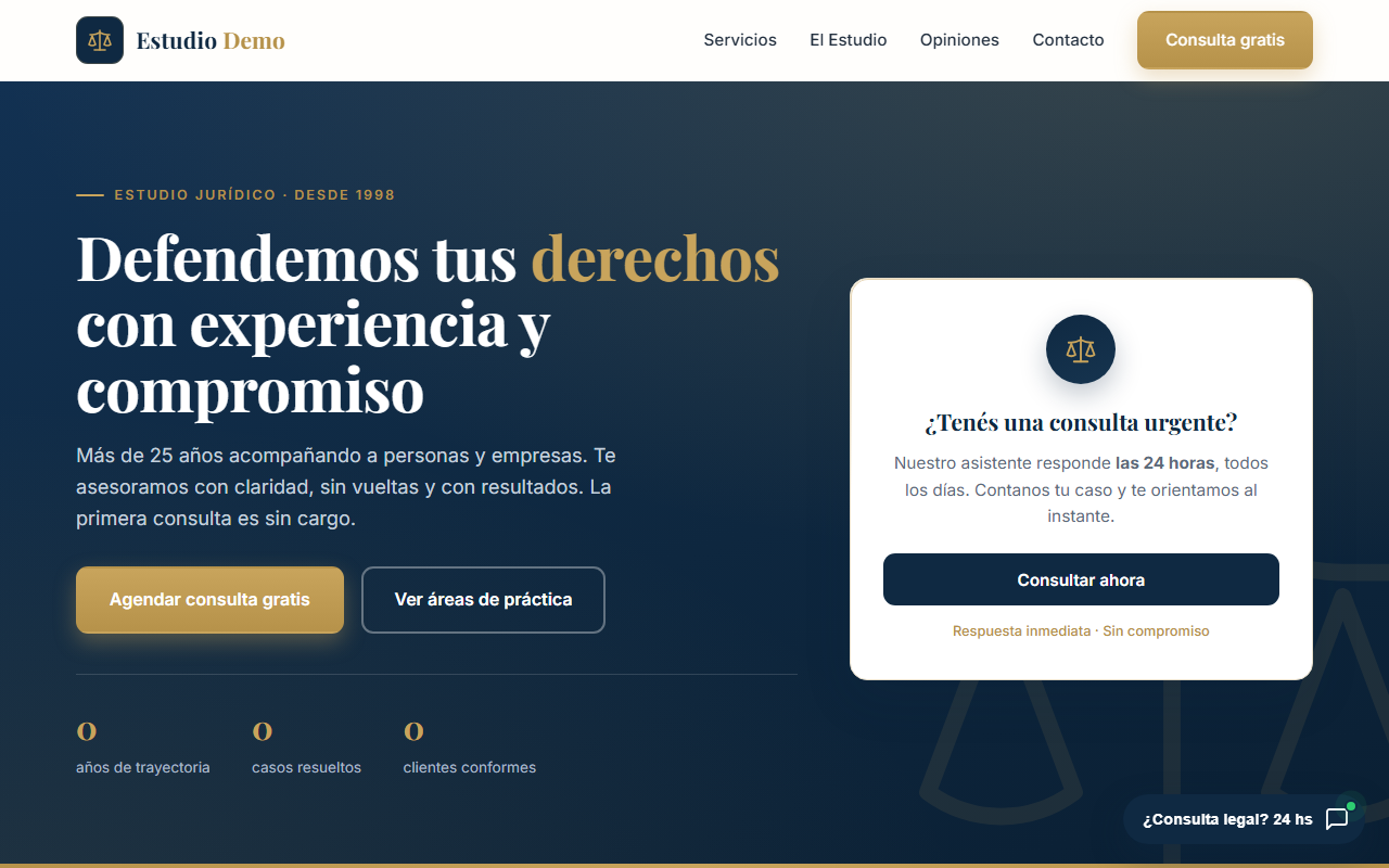 Demo de sitio web para estudio jurídico con asistente de consultas, diseñada por Lucas Scolari desarrollador web freelance Argentina
