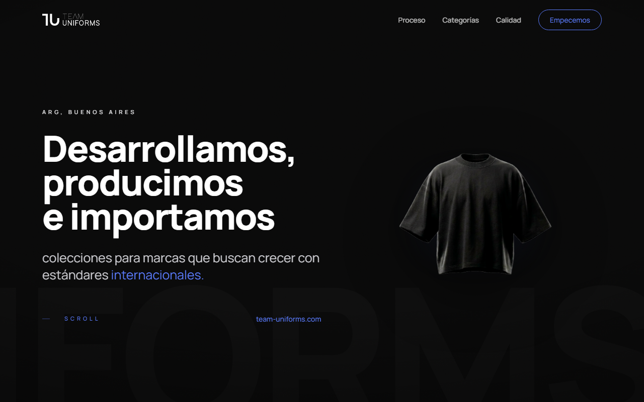 Tu Team Uniforms — landing premium para empresa textil B2B de Buenos Aires, desarrollada por Lucas Scolari, desarrollador web freelance Argentina